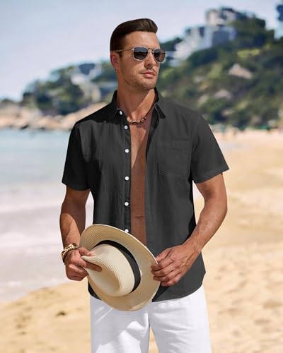 Image of J.VER Mens Linen Shirt Short Sleeve Button Down Casual Summer Shirts | Cotton Linen, Untucked, Big Tall, from Beach Camp Vacation, Cruise Fishing, Work Office, to Wedding Party Family, with Pocket