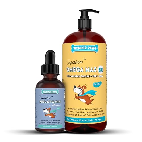 WONDER PAWS Melatonin Superhero Drops Plus Omega Max Fish Oil - for Dog’s Relaxation, Skin and Joint Care & Immune Support – Melatonin 2 Ounces - Omega Max 16 Ounces