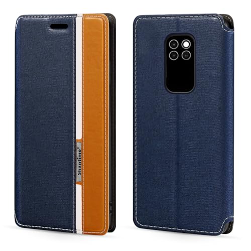 Shantime Funda Tipo Libro de Piel Sintética con Rayas Compatible con Motorola Defy 2021, Cierre Magnético Oculto, Ranura y Diseño a Contraste(Azul)