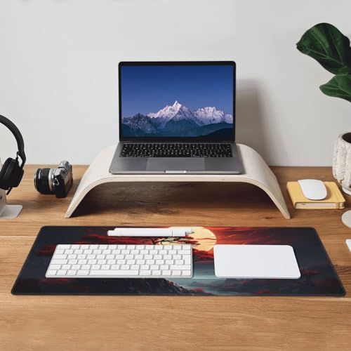 Large Japanese Anime Mouse Pad - Dark Red Moon Design with Non-Slip Base, 31.5”x11.8”