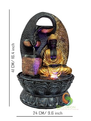 Image of Decorative Table Top Water Fountain for Home Decor /Office /Indoor & Outdoor /Garden /Puja Room /Vaastu with Multicolor LED Light and Adjustable Water Pump (3 Step Diya Buddha)