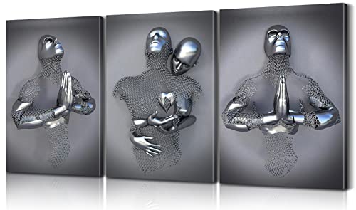 3 Piece Love Heart 3D Effect Wall Art Figure Statue Sculpture Praying & Hugging Canvas Print 3D Wall Art Couple Bedroom Wall Art Framed Love Wall Art For Bedroom Living Room Hotel Decor (12''Wx16''Hx3Pcs) #TOP11