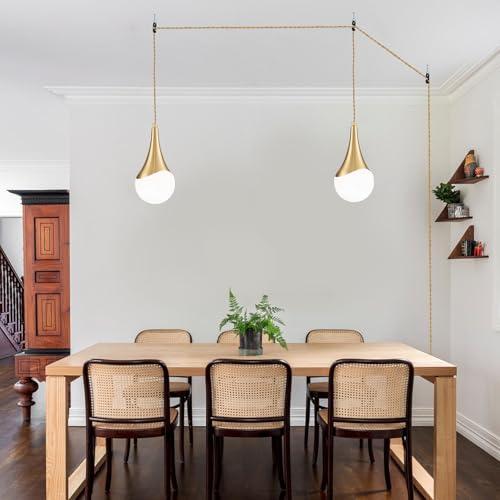 Image of MWZ Gold Plug in Pendant Light,Hanging Lights with Plug in Cord On /Off Switch, Mini Brass Pendant Lights for Kitchen Island,1-Light Modern Raindrop Chandelier Lamps with Milky White Globe Glass Shade