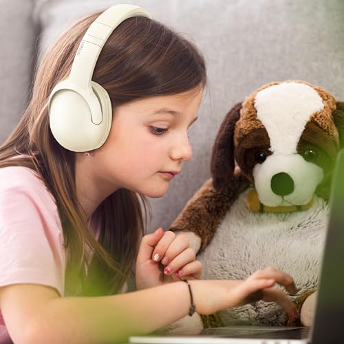 Image of LORELEI B-E5 Kids Bluetooth Headphones, Wireless Headphones for Kids, Foldable 40H Playtime, Built-in mic, On Ear Headsets for Child /Teens /School /Tablet(Beige White)