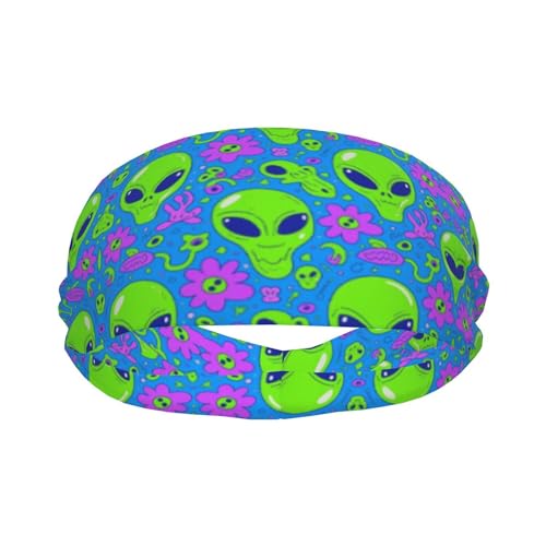 Boys Girls Sports Sweat Band, Boho Style Elastic Head Ribbon for Running Fitness Spa, Beauty Skinny Aliens Faces Alien 90S Style Art Headwear Hand Decor2