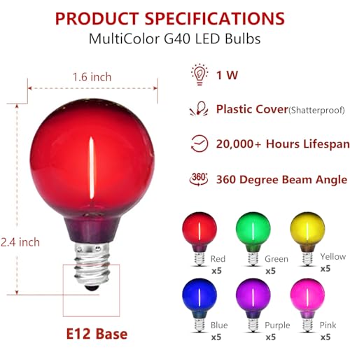 Image of 30 Pack G40 Colored LED Bulbs 1 Watt - Red, Green, Blue, Purple, Pink, Yellow String Lights - Plastic Shatterproof E12 Base Outdoor Replacement for Christmas Halloween, 120 Volt