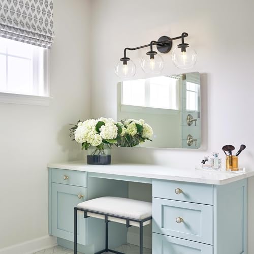 Image of Industrial Vanity Light Fixture, 3-Light Matte Black Farmhouse Globe Glass Bathroom Wall Sconce Lighting, E12 Base