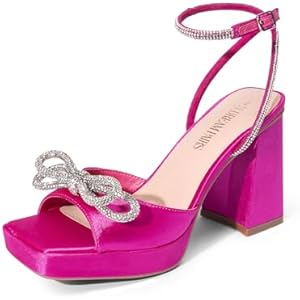 DREAM PAIRS Women's Double Bowknots Platform Chunky Heels Rhinestone High Square Toe Dress Sandals for Wedding Bridal Party 6 Hot Pink-satin