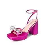 DREAM PAIRS Women's Double Bowknots Platform Chunky Heels Rhinestone High Square Toe Dress Sandals for Wedding Bridal Party,Size 7.5,Hot Pink-Satin,SDHS2453W