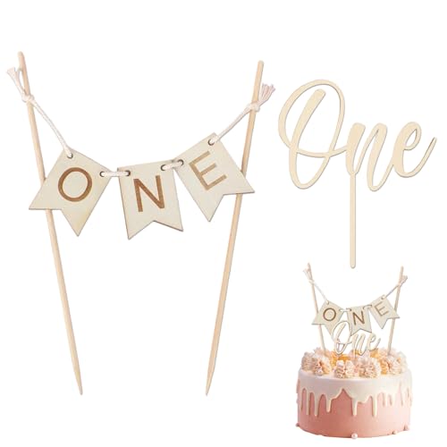 Decoración para Tarta de Cumpleaños Hecha a Mano 'One' para Primer Cumpleaños, Adorno para Tarta de Bebé, Hecho de Madera Natural, Reutilizable y Fácil de Usar