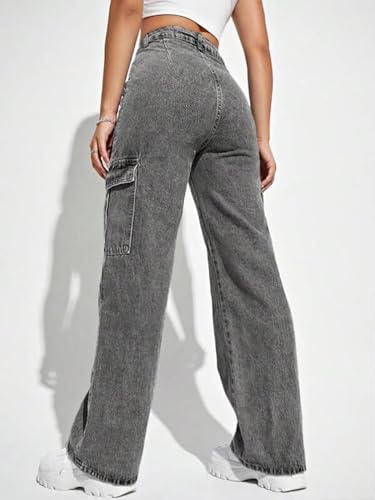 Image of Glossia Fashion High Waist Cargo Denim Jeans for Women Wide Leg Stretchable Straight Fit Jeans(WJ1-1215-$)