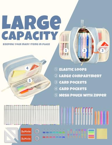 Image of SUNEE Large Pencil Case, Big Capacity Pen Pouch with 3 Compartments, Kawaii Cute Pencil Bag with Zipper, High Storage Stationery Holder and Organizer, School Supplies for Teen and Adult Girls, Blue