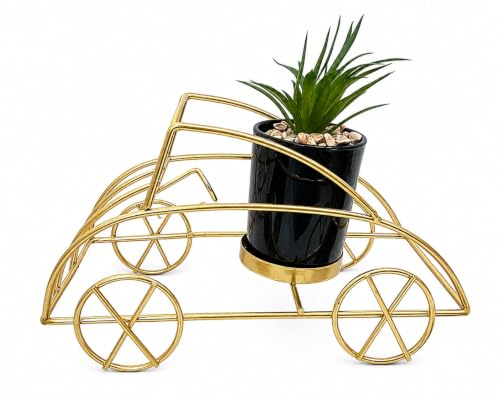 Image of Metal Car Planter with Artificial Plant | Decorative Tabletop Showpiece for Home & Office | Gold & Black Modern Desk Decor