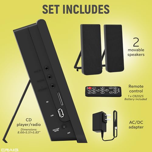 Craig 3-Piece CD Stereo Shelf System with Bluetooth, AM/FM Radio, Remote - Black