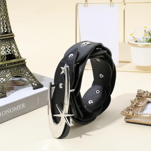 45.67 x 1.5 Inch Vintage Punk Rock Rivet Waistband PU Leather Star Studded Belt Adjustable Fashion Gothic Waist Belt with Metal Star Buckle for Women Jeans Skirt Halloween (Black)4