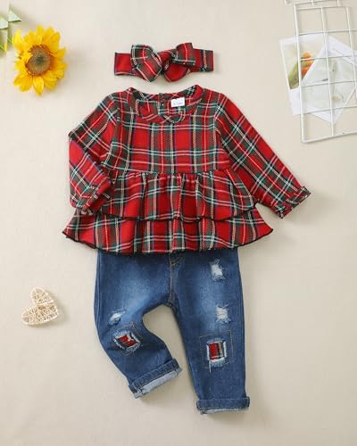 Image of 2T 3T Girl Clothes Fall Winter 2T 3T Girls Outfits 2-3 Year Old Girl Gifts Red Green Plaid Ripped Denim Jeans Adorable Toddler Clothes for Girls 2T-3T