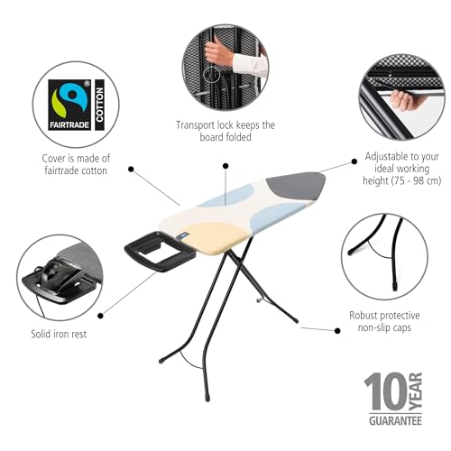Image of Brabantia XL Comfort Ironing Board with Solid Steam Iron Rest | Large (Size C) | Fairtrade Bubbles Cover | Adjustable Height (27-38 inch), Easy Fold, Anti-Collapse Lock, Non-Slip Feet