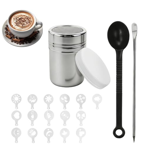 Coffee Sprinkles Powder Set Chocolate Shaker Duster with 16 Coffee Stencils Chocolate Powder Shaker for DIY Cappuccino Icing Sugar Cocoa Flour and Latte