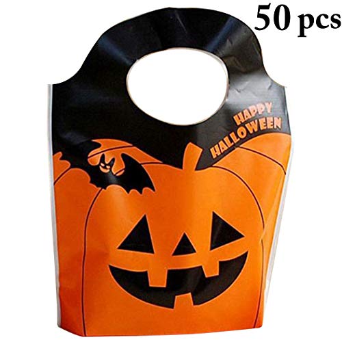 Outgeek 50 peças Bolsa de Halloween Portátil Plástico Bonita Abóbora Doce Bolsa de Compras