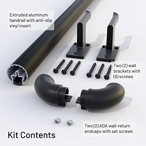 Promenaid 2 Ft. Handrail Kit - Complete Indoor Hand Rail For Steps - Genuine Red Oak Bonded To Aluminum Core With 2 Champagne Silver Wall Brackets + Ada Endcaps – 1.6” Round #TOP1