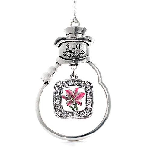 Inspired Silver - Lily Flower Charm Ornament - Silver Square Charm Snowman Ornament with Cubic Zirconia Jewelry
