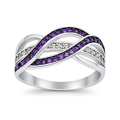 Blue Apple Co. Half Eternity Weave Knot Ring Crisscross Crossover Simulated Amethyst Round Cubic Zirconia 925 Sterling Silver, Size - 9