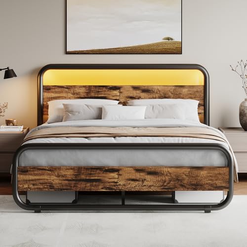 Image of Full Size Bed Frame, Wood Headboard and Footboard, LED Lights, Rustic Brown