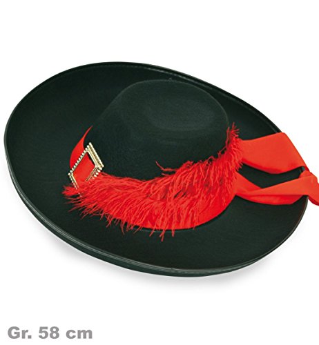 PARTY DISCOUNT ® Musketierhut groß m Band,Schnalle u.Feder,schwarz Musketier Hut Gr.58