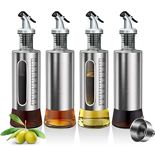 ACEWARMS Oil dispenser bottle for kitchen, Olive oil bottles with drizzlers, Vinegar bottles, 300ml 4Pack glass soy sauce bottles with lids+Stainless steel funnel (300ml 4Pack)