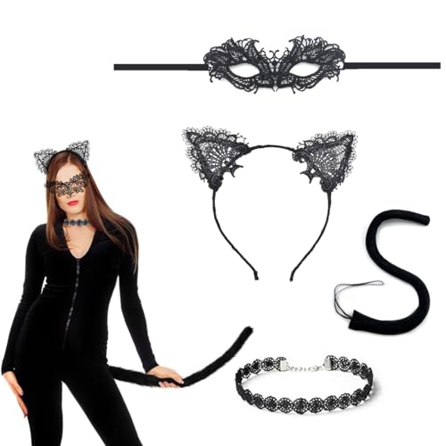 Katzenkostüm Damen – Schwarzer Overall Mit Handschuhen, Augenmaske & Gürtel