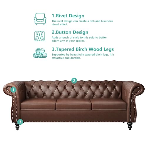 Image of QHITTY Accent Large Sofa, Chesterfield Couch 3 Seater Modern Leather Couch Upholstered Sofa with Tufted Back for Living Room Furniture (Dark Brown)
