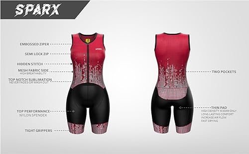 Sparx Terno feminino de triatlo, peça única, sem mangas, com zíper, secagem rápida, corrida, natação