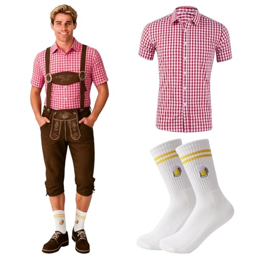 YYSWSAKY Completo Oktoberfest da Uomo, Camicia Tradizionale e Calzini, Camicia Tradizionale da Uomo, Calzini da Birra (Red, L)