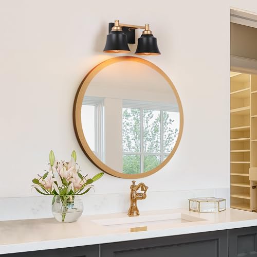 Image of KSANA Bathroom Light Fixtures, 2 Light Black and Gold Powder Room Wall Lights Over Mirror, 14 Inch Modern Farmhouse Metal Vanity Lights