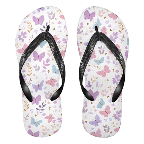 ALAZA Colorful Cute Butterflies Leaves Flip Flops for Women Fashion Beach Slippers Comfort Mens Flip Flops Non-Slip Rubber Shower Slippers Sandal for Hotel Travel Sport,XS