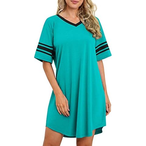 WEACZZY Womens Nightgown Short Sleeve Sleepshirt Casual Nightshirt V Neck Sleepshirt Loungewear Acid Blue, Large Cover