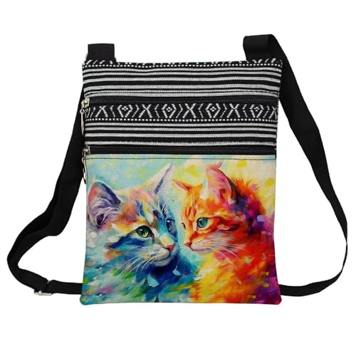 Colorful Cat Messenger Bag Small Ethnic Pattern Printed Adjustable Strap Crossbody Zipper Bag Colorful Cat Phone Bag Wallet Cute Shoulder Handbag for Women -5