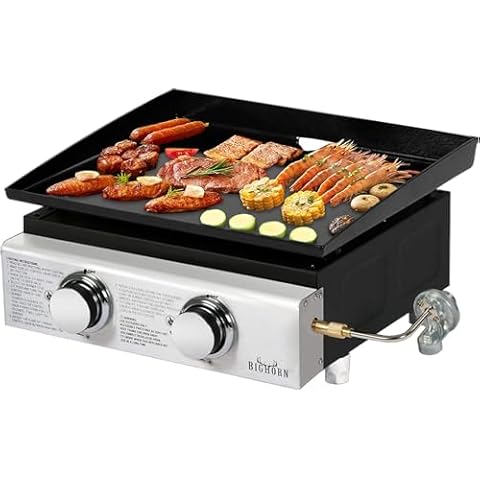 BIG HORN OUTDOORS Tabletop Grill Gas Portable Grill 18 Inch Propane Griddle Flat Top Grill 2 Burners Enamel Pan for Outdoor Cooking While Picnicking Or Camping Cover