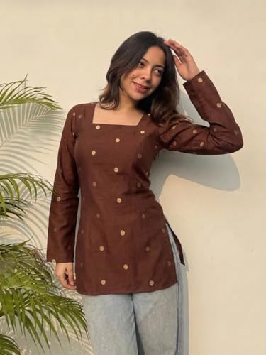 Image of ANNI Designer Women's Viscose Blend Printed Short Kurti | Straight Fit Ethnic Top with Square Neck | Bell Sleeve Indian Kurta for Office College, Party