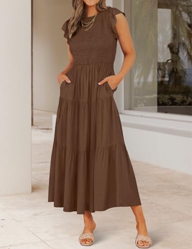 Image of ZESICA Women's 2026 Summer Casual Flutter Short Sleeve Smocked Midi Dress