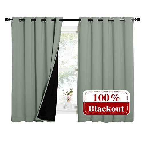 Image of NICETOWN Greyish Green 100% Blackout Lined Curtains, 2 Thick Layers Completely Blackout Window Treatment Thermal Insulated Drapes for Kitchen /Bedroom (1 Pair, 62 inch Width x 63 inch Length Each Panel)