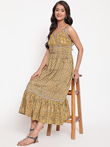 Image of SAVI Women's Cotton Printed Midi Dress | Sleeveless V-Neck A-Line Flared Kurti Style Long Dress | Casual Summer Ethnic Wear for Women