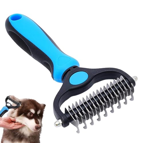 Double Sided Deshedding Dematting Tool - Undercoat Rake Dog, Cat Brush - Dog Brushes Shedding Hair - Dog Grooming Brush - Cat Grooming Brush, Blue