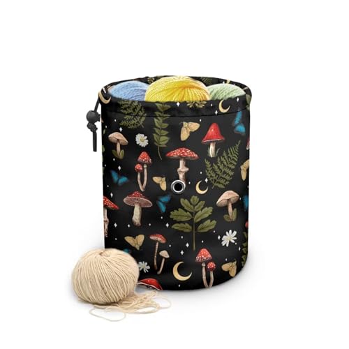 Image of Sellikakes Mushroom Butterfly Moon Yarn Storage Organizer with Drawstring, Crochet Storage Bag Yarn Holder for Crocheting Project Accessories, Knitting Needles