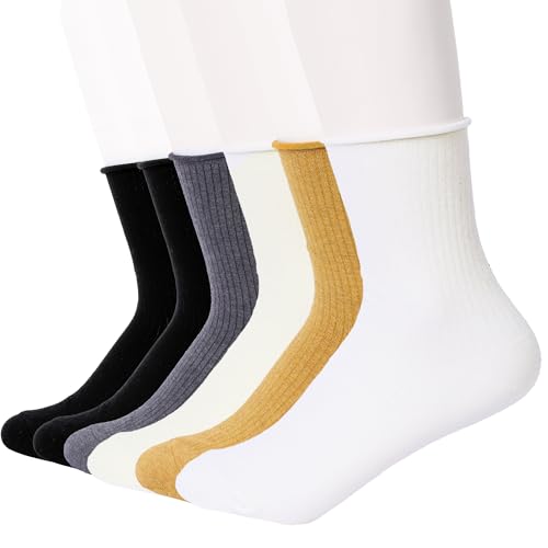 Image of Feeto Women's Roll Top Socks - Fashionable Cotton Crew Socks, Multi-Colors Mix, Made in Korea - 6 Pairs