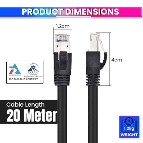 Image of amiciTools Cat8 Ethernet Cable with 22AWG Solid Core 20Meter | 40Gbps Ultra High-Speed LAN Cable, 2000MHz Bandwidth, Gold-Plated RJ45, Shielded Network Cable for Gaming, Routers & Servers