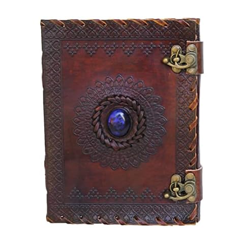 A5 Leather Journal with Clasp Stone Writing Pad Blank Notebook Handmade Notepad for Men & Women Unlined Paper Best Present Art Sketchbook Travel Diary to Write Book of Shadows Refillable Grimoire Cover