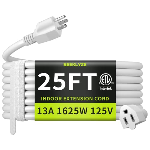16/3 White 25 FT Extension Cord Indoor Extension Cord for Laptops Coffee Makers Office Home Appliances 3 Prong Resistant Cable Flexible 13A 125V 1625W ETL Listed