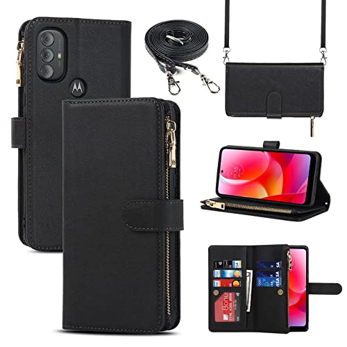 Jaorty Case for Motorola Moto G Pure (2021)/ Moto G Power (2022)/ Moto G Play (2023) Wallet Case,[9 Card Slots] Removable Adjustable Crossbody Necklace Lanyard Shoulder Strap Zipper Case 6.5