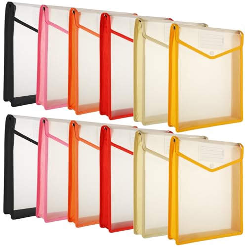 12個セット ファイルケース A4 ファイル袋 防水 透明 持ち運び 6色(オレンジ ピンク ブラック 赤 黄色 カーキ) 大容量 プラスチック 資料 書類整 理 仕事 学習